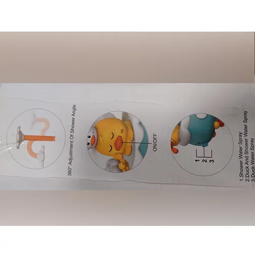 Duck-shaped battery-operated bath toy. The toy allows water to be drawn and sprayed via a flower-shaped shower head. Different water projection modes can be selected using a switch. It has three unmounted and loose suction cups. Product sold online, in particular via AliExpress.