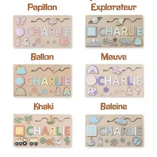 Wooden activity toy with range of activities: puzzle (shapes and letters), wheels for turning and hot-air balloon for sliding. Product sold online, in particular via www.es-jeux-montessori.com.