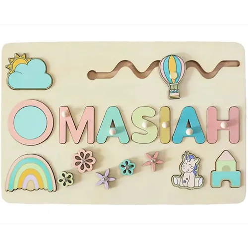 Wooden activity toy with range of activities: puzzle (shapes and letters), wheels for turning and hot-air balloon for sliding. Product sold online, in particular via www.es-jeux-montessori.com.