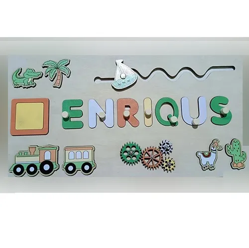 Wooden activity toy with range of activities: puzzle (shapes and letters), wheels for turning and hot-air balloon for sliding. Product sold online, in particular via www.es-jeux-montessori.com.