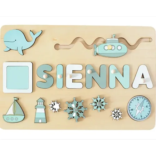 Wooden activity toy with range of activities: puzzle (shapes and letters), wheels for turning and hot-air balloon for sliding. Product sold online, in particular via www.es-jeux-montessori.com.