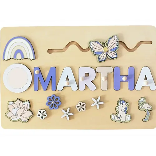 Wooden activity toy with range of activities: puzzle (shapes and letters), wheels for turning and hot-air balloon for sliding. Product sold online, in particular via www.es-jeux-montessori.com.