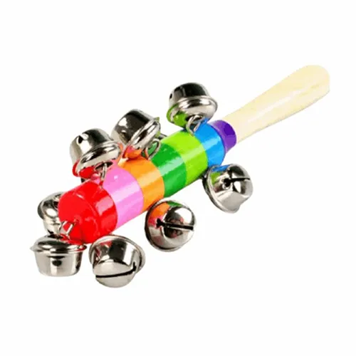 Wooden toy rattle with metal bells, painted in various colours and varnished. Product sold online, in particular via www.les-jeux-montessori.com.