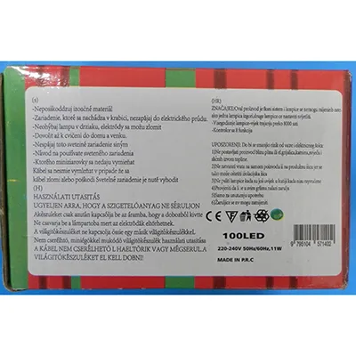 String-shaped decorative lighting chain with an 8-function flashing unit and with a socket-outlet for expanding the lighting chain with additional members. Technical data: 220-240 V, 50Hz/60Hz, 11 W, Class 0.