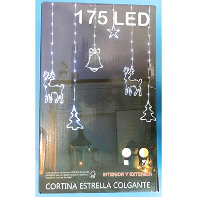 Decorative lighting chain with a plastic star, bell, pine tree and deer-shaped decorations, equipped with an 8-function flashing unit. Product sold online, in particular via eMAG