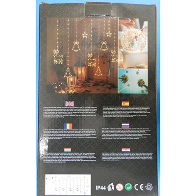 Decorative lighting chain with a plastic star, bell, pine tree and deer-shaped decorations, equipped with an 8-function flashing unit. Product sold online, in particular via eMAG