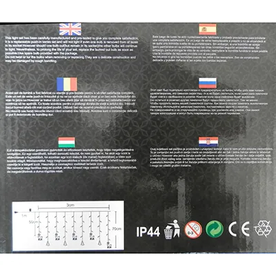 Decorative lighting chain with a plastic star, bell, pine tree and deer-shaped decorations, equipped with an 8-function flashing unit. Product sold online, in particular via eMAG