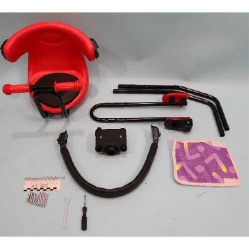 Children's front bicycle seat in red, black, blue or green colour, with handles and foot rests. Product sold online, in particular via Aliexpress (unique product identifiers: 1005005686219917, 1005010559483782, 1005008997247143, 1005010426785671).