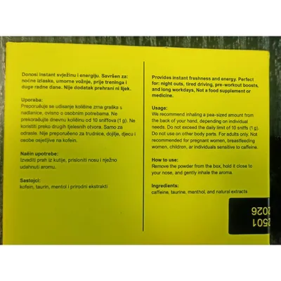 Energising white powder which is inhaled through the nose, 1 g. Product sold online, in particular via sniffit.life.