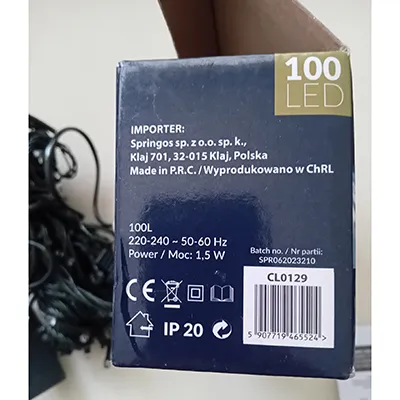 Garland type LED lighting chain with 100 non-replaceable lamps, rated voltage of 220 - 240 V and rated power of 1.5 W. Product sold online, in particular via www.pigubeakcijos.lt.