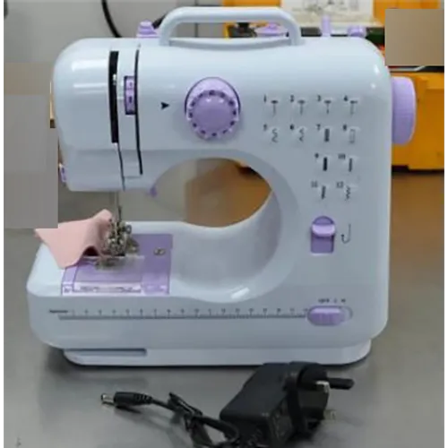 A small electric sewing machine with multiple accessories and settings.