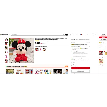 Soft toy in the shape of a Minnie Mouse character with a suction cup. Product sold online, in particular via AliExpress (unique identifier: 1005004504058340)