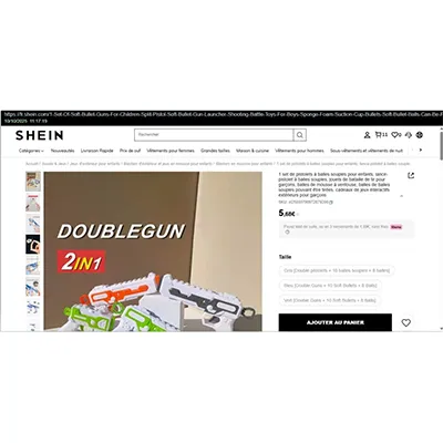 Set of two white and orange coloured plastic toy guns in different sizes. Each gun can fire foam projectiles (with a suction-cup tip) and soft plastic bullets. Product sold online, in particular via Shein (unique identifier: sl25030790972879200)