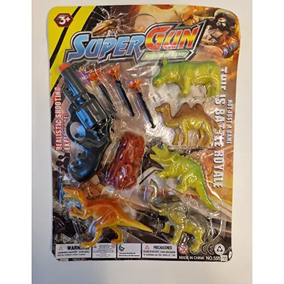 Toy gun set consisting of one toy pistol, six targets and three projectiles with suction cups.