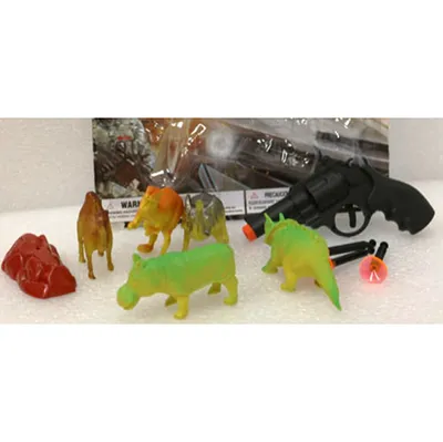 Toy gun set consisting of one toy pistol, six targets and three projectiles with suction cups.
