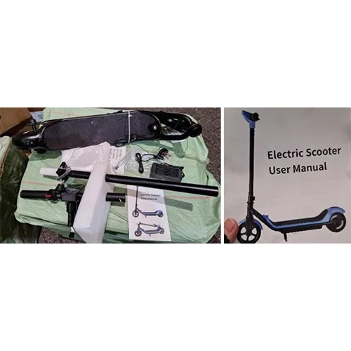 Electric scooter, intended for children, with wall plug and power supply.