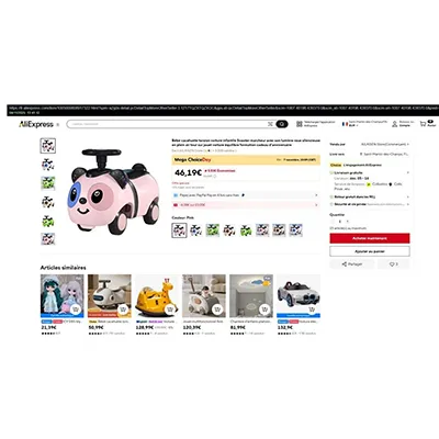 Pink plastic ride-on toy in the form of an animal with 4 wheels and battery-operated sound functions. Product sold online, in particular via AliExpress (Product identification: 1005009808917322).