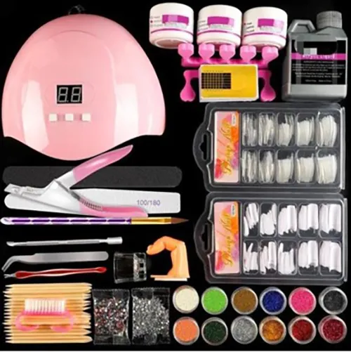 DIY nail art kit consisting of twelve containers of glitter acrylic powder, a bottle of ethyl methacrylate (EMA) liquid, an electrical drying lamp, a hand rest, and various accessories. Product sold online, in particular via Tik Tok.