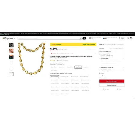 Gold-coloured metal bracelet with coffee bean shapes links. Product sold online, in particular via AliExpress (unique identifier: 1005004757541743).