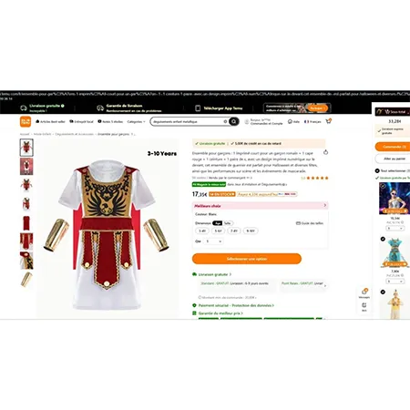 Fancy dress costume, representing a Roman costume, intended for children, comprising a tunic and headpiece. Product sold online, in particular via Temu (unique identifier: 601100924994658).
