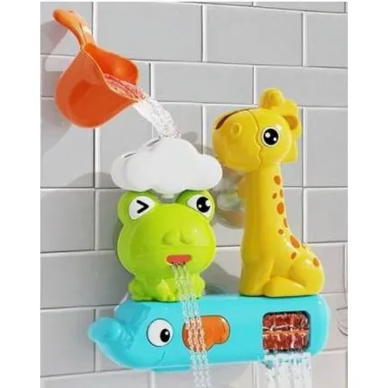 Spraying bath toys in the shape of animals (frog, giraffe and elephant), to be fixed to the wall of the bath tub. Three suction cups are supplied unmounted and loose. Product sold online, in particular via Shein (unique identifier: sa25062793757238553).