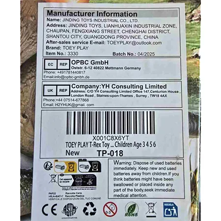 An electronic toy in the form of a Tyrannosaurus. The toy is battery-powered and can walk and breathe out white smoke. LEDs on the dinosaur's back and mouth light up. Product sold online, in particular via Amazon (ASIN: B08ZN1P16M, SKU: X001C8X6YT)