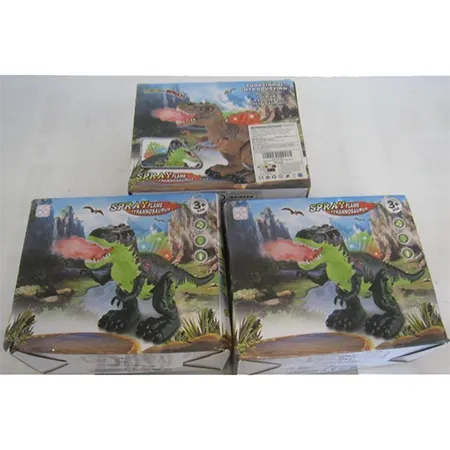 An electronic toy in the form of a Tyrannosaurus. The toy is battery-powered and can walk and breathe out white smoke. LEDs on the dinosaur's back and mouth light up. Product sold online, in particular via Amazon (ASIN: B08ZN1P16M, SKU: X001C8X6YT)