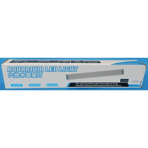 LED aquarium light with a power supply integrated into the cable. The light is plastic-covered. Technical data: 220-240 V 50 Hz; 12 W; length of 38.5 cm. Intended for a water tank of 40-50 size.