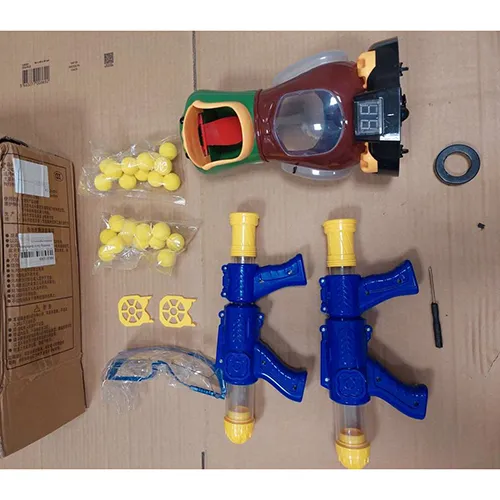 Shooting game with a moving target using yellow foam bullets and two piston hand-compression launchers. The target, a duck on wheels, is used to improve shooting accuracy. The wings of the duck open to reveal a light consisting of a red LED on one side and a blue LED on the other. Product sold online, in particular via AliExpress (product identifier: 393836f165)