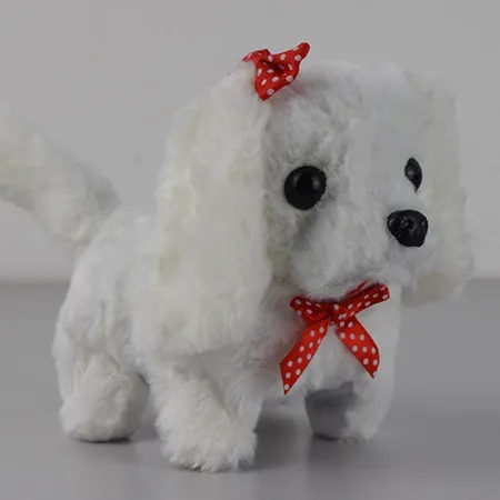 A battery operated soft toy in the shape of a dog with a polka-dot bow around its neck, that barks and crawls. Available in white or with black or brown polka-dots.