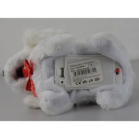 A battery operated soft toy in the shape of a dog with a polka-dot bow around its neck, that barks and crawls. Available in white or with black or brown polka-dots.