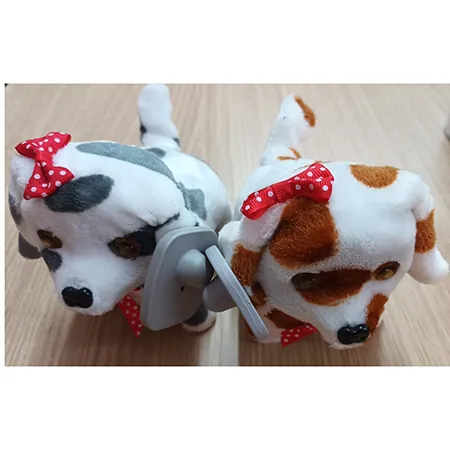 A battery operated soft toy in the shape of a dog with a polka-dot bow around its neck, that barks and crawls. Available in white or with black or brown polka-dots.