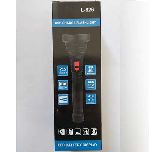 Black plastic battery operated LED flashlight with micro-USB connector. The built-in push button allows to choose from 3 different lighting modes. Some LEDs indicate the charge level. The product comes with a charging cable.