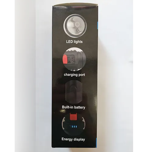 Black plastic battery operated LED flashlight with micro-USB connector. The built-in push button allows to choose from 3 different lighting modes. Some LEDs indicate the charge level. The product comes with a charging cable.