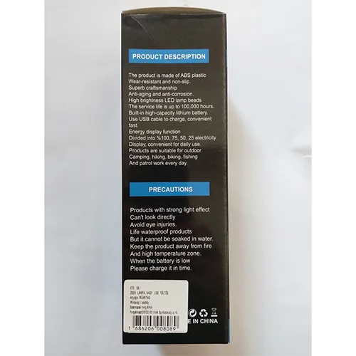 Black plastic battery operated LED flashlight with micro-USB connector. The built-in push button allows to choose from 3 different lighting modes. Some LEDs indicate the charge level. The product comes with a charging cable.