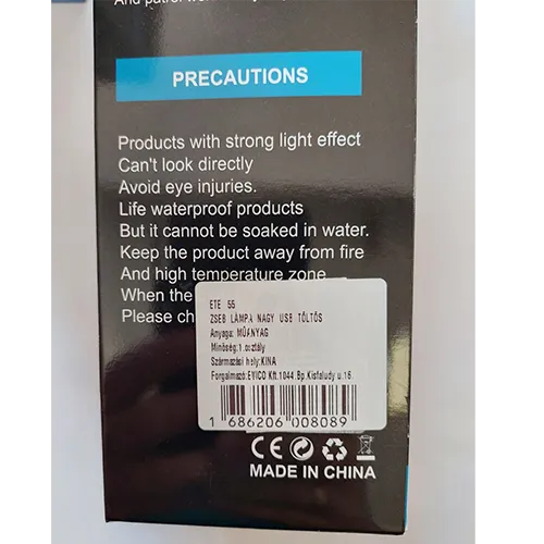 Black plastic battery operated LED flashlight with micro-USB connector. The built-in push button allows to choose from 3 different lighting modes. Some LEDs indicate the charge level. The product comes with a charging cable.