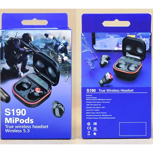 Black wireless earphones with charging cable.