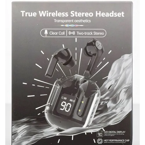 Black wireless earphones with charging case. Product sold online, in particular via www.magicsystem.hu