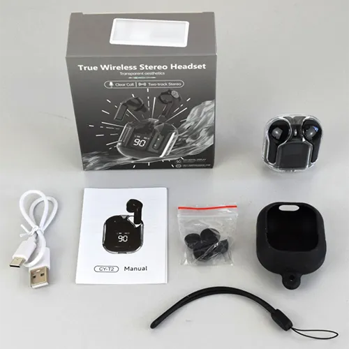 Black wireless earphones with charging case. Product sold online, in particular via www.magicsystem.hu
