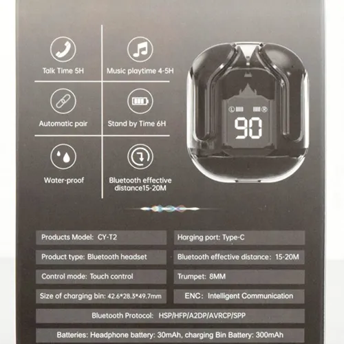 Black wireless earphones with charging case. Product sold online, in particular via www.magicsystem.hu