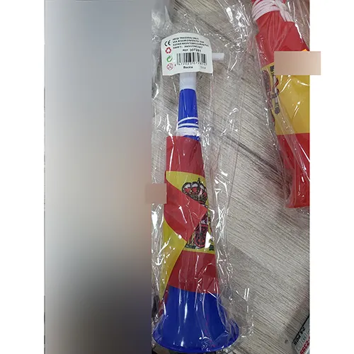 Plastic toy in the shape of a blue horn with a white mouthpiece.