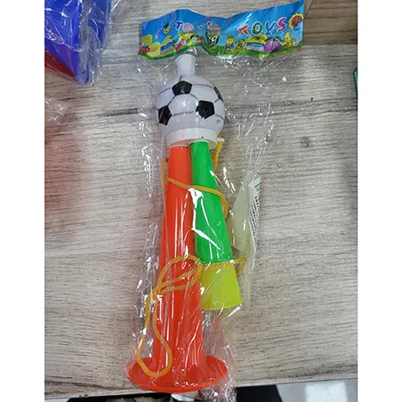 Toy horn with a football-shaped mouthpiece and three air exits in various colours.