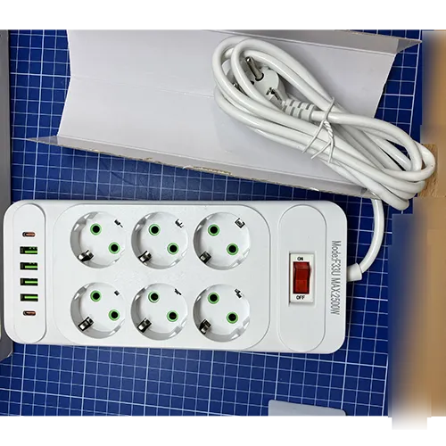 Multiple-socket outlet with 6 Schuko sockets, a red tap switch, 4 USB type A sockets, 2 USB type C sockets and a 2.5 m long supply cable. Product sold online, in particular via Amazon (ASIN: B0FGD9XJGF).