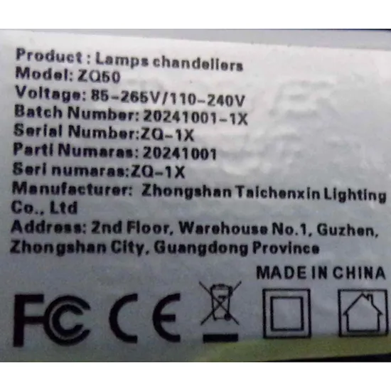 Class II fixed lamp with a metal body. Product sold online, in particular via TEMU (unique identifier:  601104821959745).
