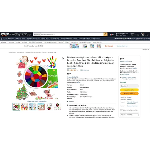 Finger-paint pallet comprising a plastic disc with soaked sponge sections and a colouring book. Product sold online, in particular via Amazon (ASIN B0CLZWCPXQ).
