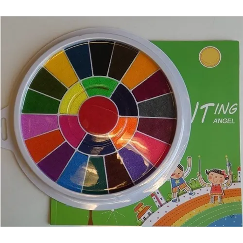 Finger-paint pallet comprising a plastic disc with soaked sponge sections and a colouring book. Product sold online, in particular via Amazon (ASIN B0CLZWCPXQ).