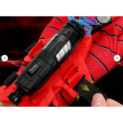 Spiderman spider's toy gyn with web launcher consisting of a glove, a projectile launcher, a white thread, a velcro fastener and 3 plastic darts with suction cups.