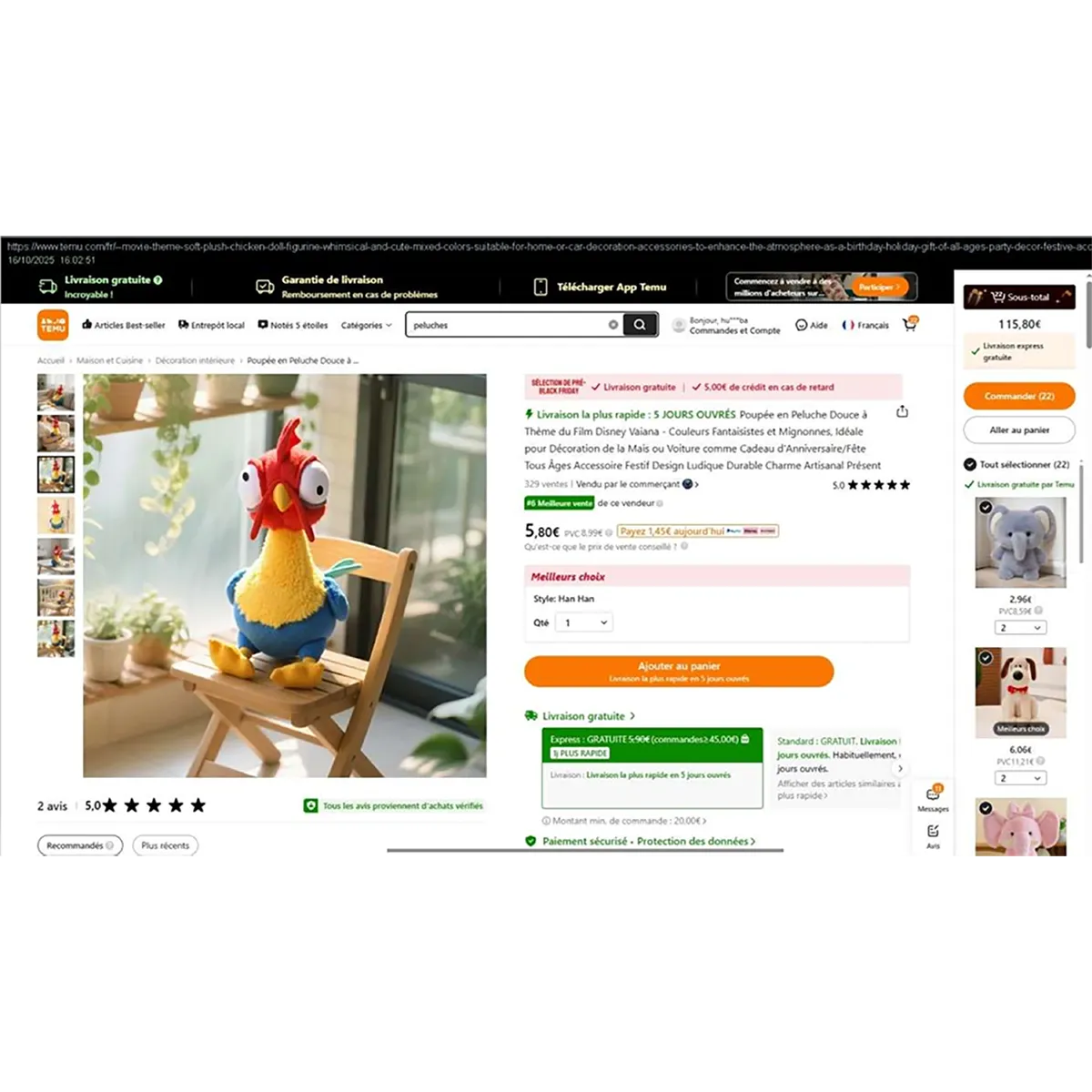 Red, blue, yellow and green soft toy in the shape of a chicken. Product sold online, in particular via TEMU(unique identifier: 601103044348341).