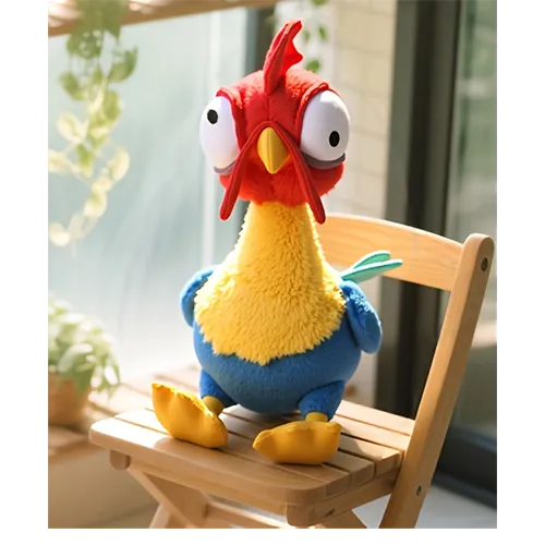 Red, blue, yellow and green soft toy in the shape of a chicken. Product sold online, in particular via TEMU(unique identifier: 601103044348341).