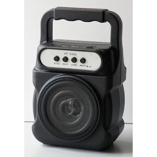 Wireless speaker with black plastic casing and built-in battery.